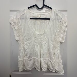 Anthropologie White Smocked T Shirt With Ruffles Size XS Peasant Casual